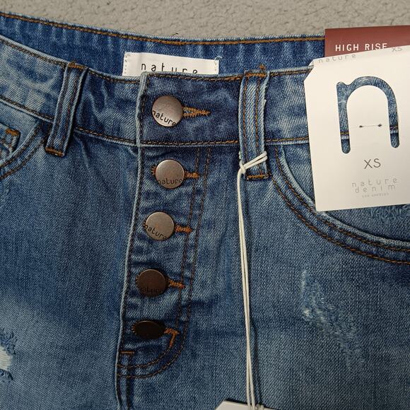 Nature Denim Los Angeles High Rise Distressed Shorts Size XS Button Fly Blue NWT - Picture 3 of 7